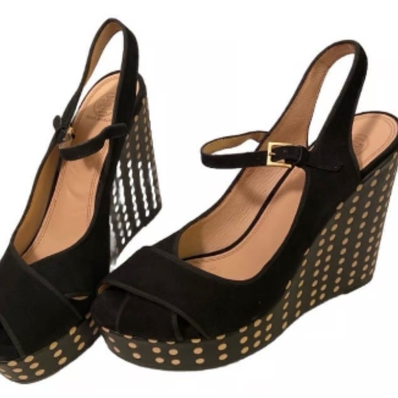 Tory Burch Black Suede Polka Dot Wedge Sandals 6.5 w/ dust bag - Picture 2 of 10